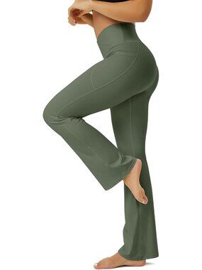 Women's Army Green Crossover High Waisted Imported Flare Bootcut Yoga Pants